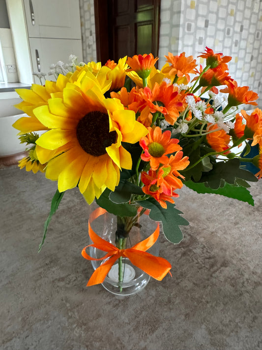 Sunflower and Daisy arrangement with orange bow