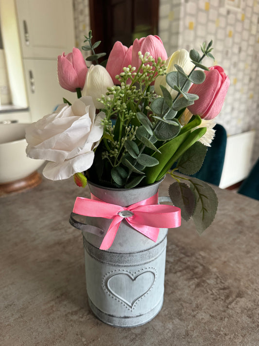 Vintage heart Vase with beautiful pink and white artificial flowers